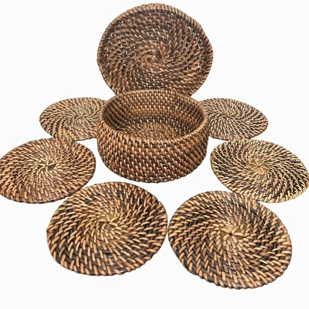 Wicker Set Of 6 Rattan Drink Coasters With Woven Rustic Basket Holder Gift Ready